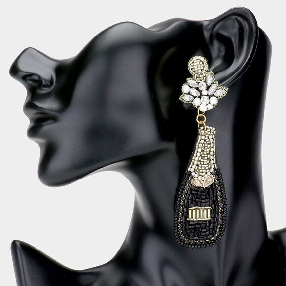 Champagne Bottle Black & Gold Seed Bead Earrings - Picture 1 of 6